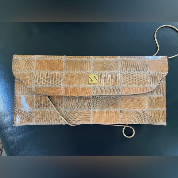 VINTAGE SANES BROWN SNAKESKIN SHOULDER CLUTCH BAG HANDBAG
CHAIN STRAP - Picture 9 of 9